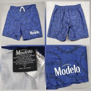 Modelo Beer Swim Trunks Men's M Blue Logo Print Lined Drawstring Shorts